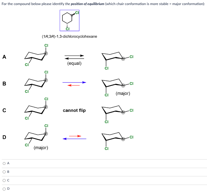 \( (1 R, 3 R) \)-1,3-dichlorocyclohexane
A
C
cannot flip
D