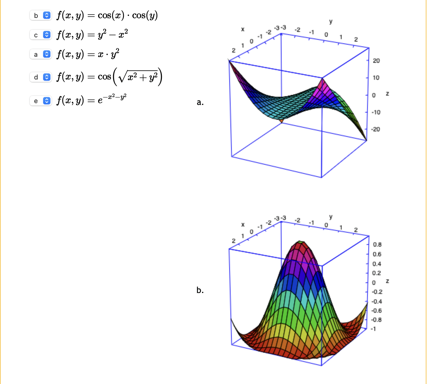 \[ \begin{array}{l} f(x, y)=\cos (x) \cdot \cos (y) \\ f(x, y)=y^{2}-x^{2} \\ f(x, y)=x \cdot y^{2} \\ f(x, y)=\cos \left(\sq