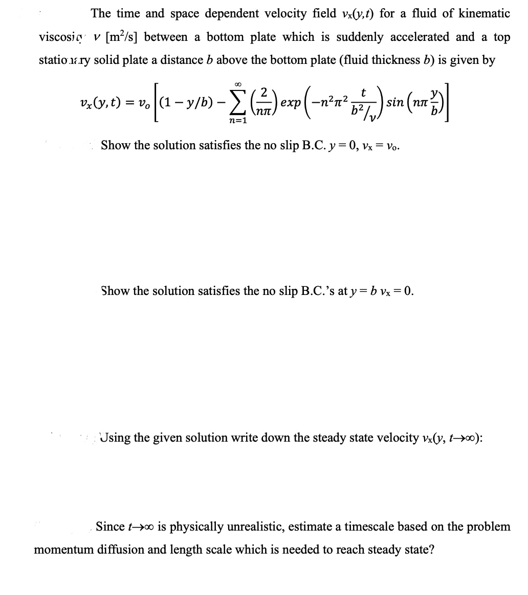 Solved The time and space dependent velocity field vx(y,t) | Chegg.com