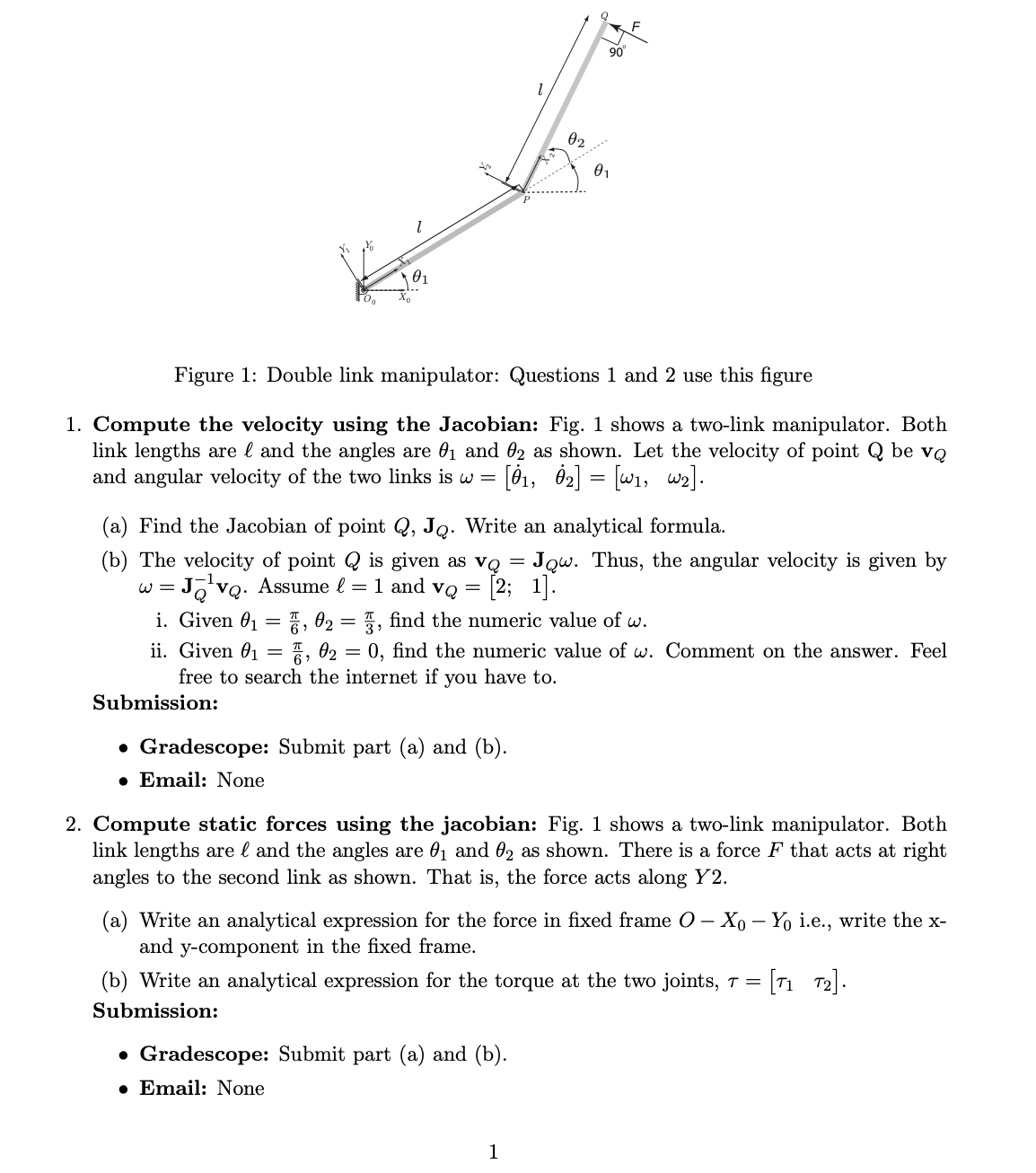 Solved Figure 1: Double link manipulator: Questions 1 and 2 | Chegg.com