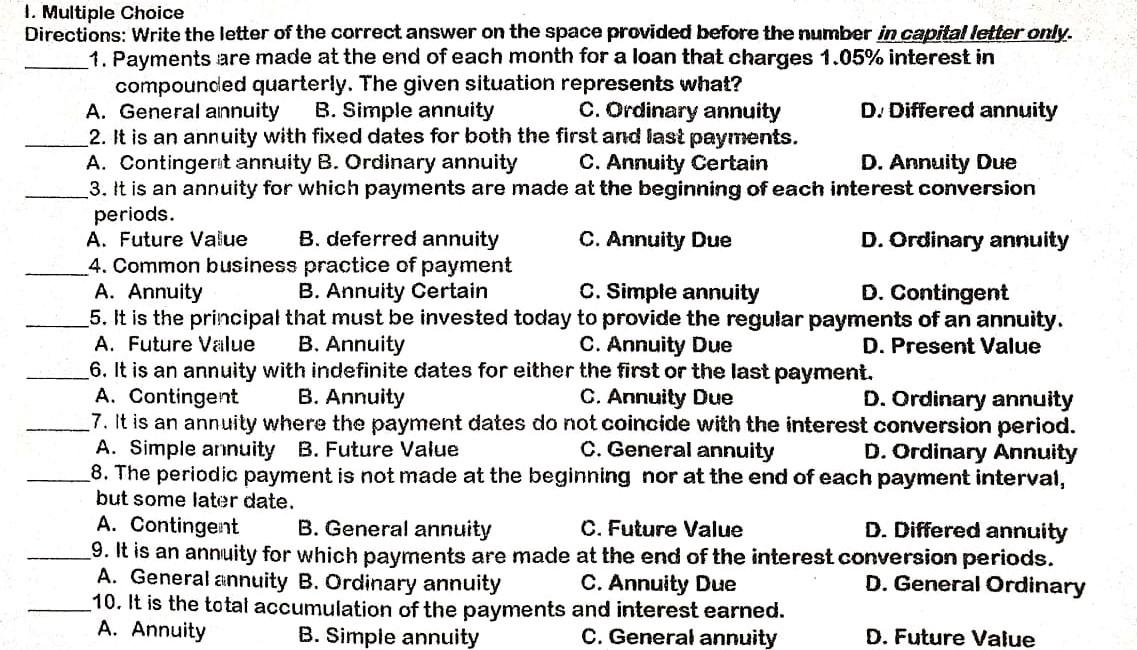 Solved 1. Multiple Choice Directions: Write The Letter Of | Chegg.com