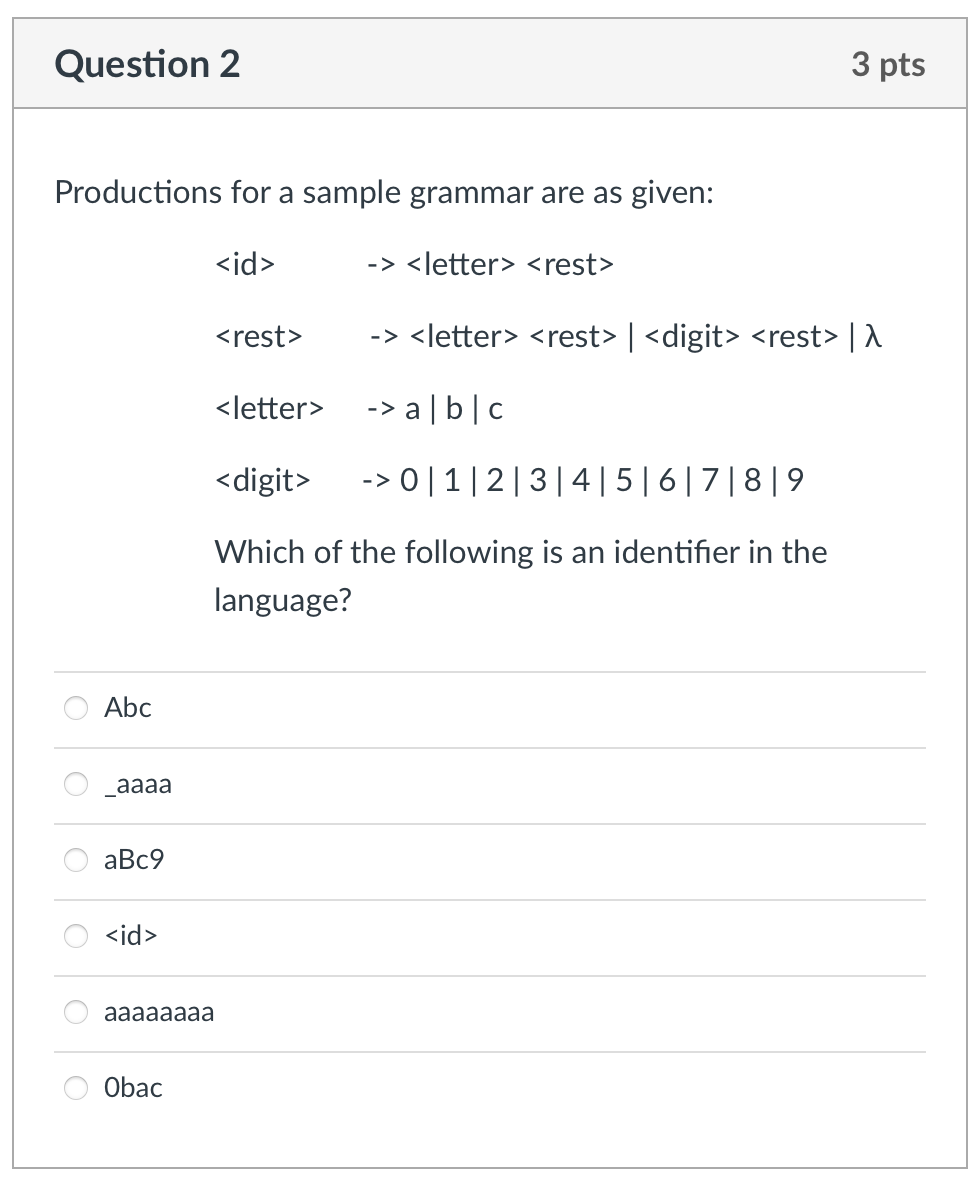 Solved Question 2 3 pts Productions for a sample grammar are | Chegg.com