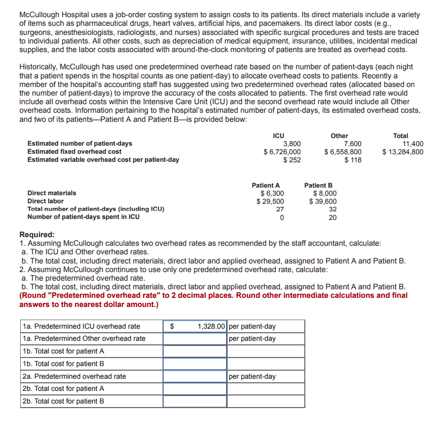 Solved McCullough Hospital uses a joborder costing system