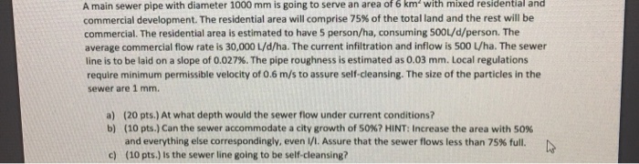 Solved A main sewer pipe with diameter 1000 mm is going to | Chegg.com