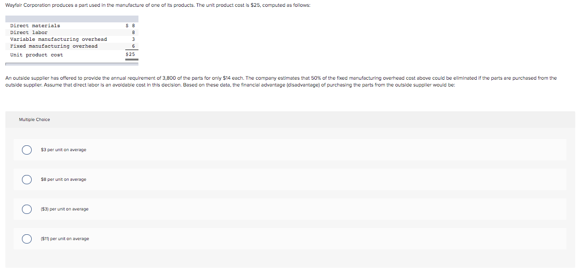 Solved Wayfair Corporation produces a part used in the
