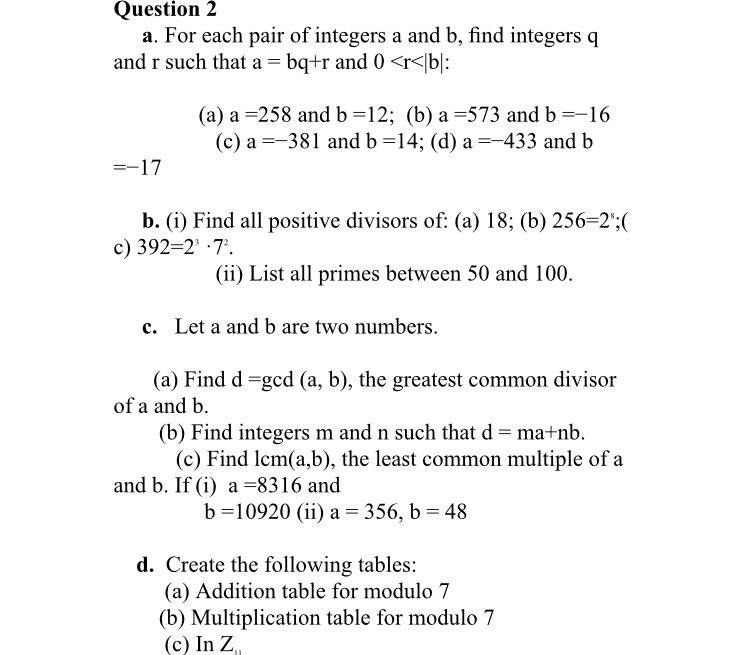 Solved Question 2 A For Each Pair Of Integers A And B Find Chegg Com