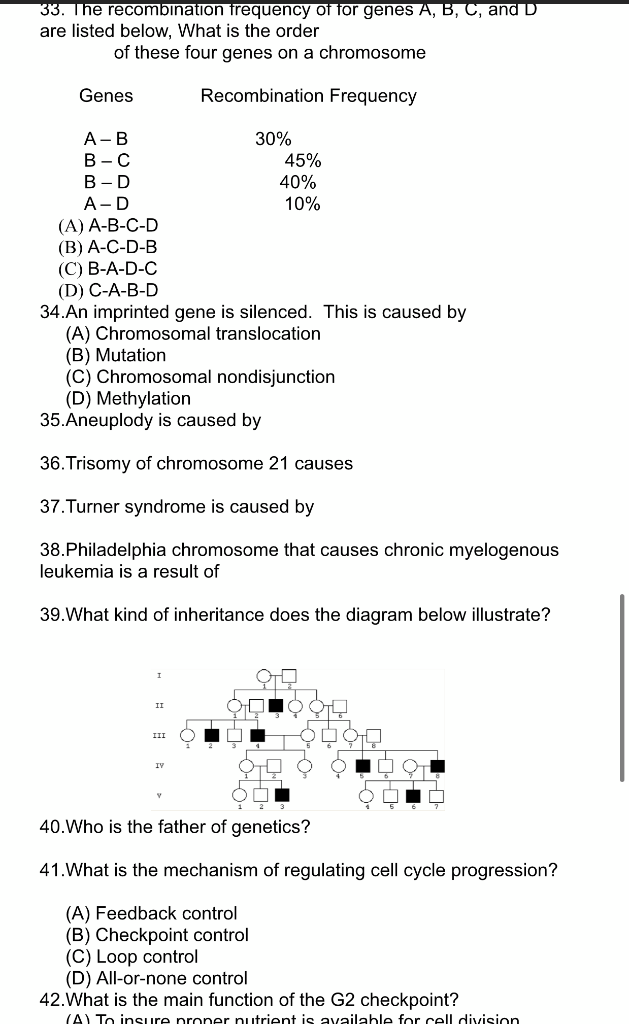 Solved 33. The Recombination Frequency Of For Genes A, B, C, | Chegg.com