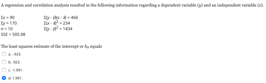 Solved A Regression And Correlation Analysis Resulted In The | Chegg.com