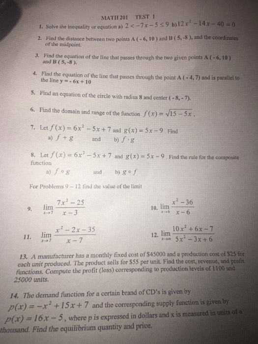 Solved MATH 201 TEST 1 i. Solve the inequality or equation | Chegg.com