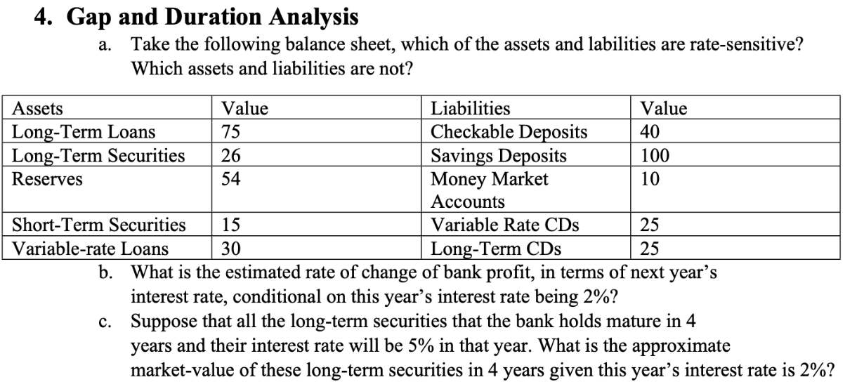 Solved 4. Gap and Duration Analysis Take the following | Chegg.com