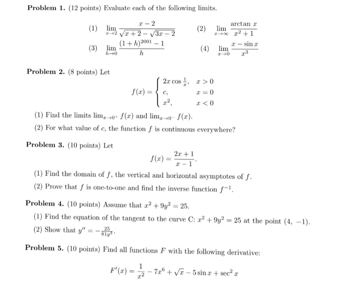 Solved Problem 1. (12 points) Evaluate each of the following | Chegg.com