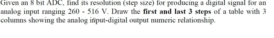 Given an 8 bit \( A D C \), find its resolution (step size) for producing a digital signal for an analog input ranging \( 260