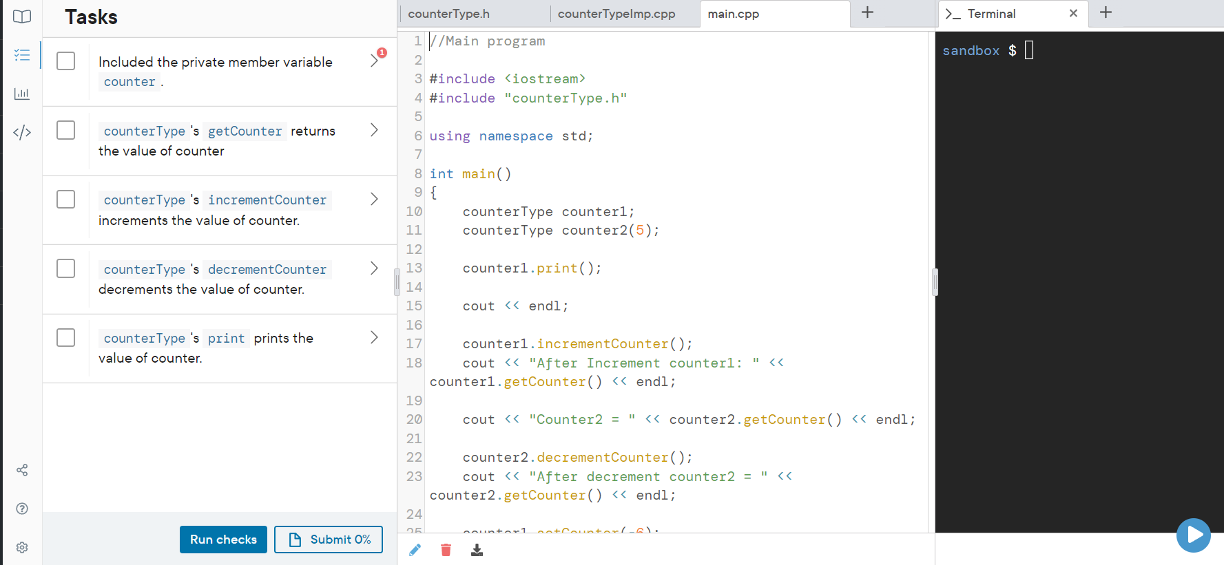 Solved Instructions Define a class counterType to implement | Chegg.com