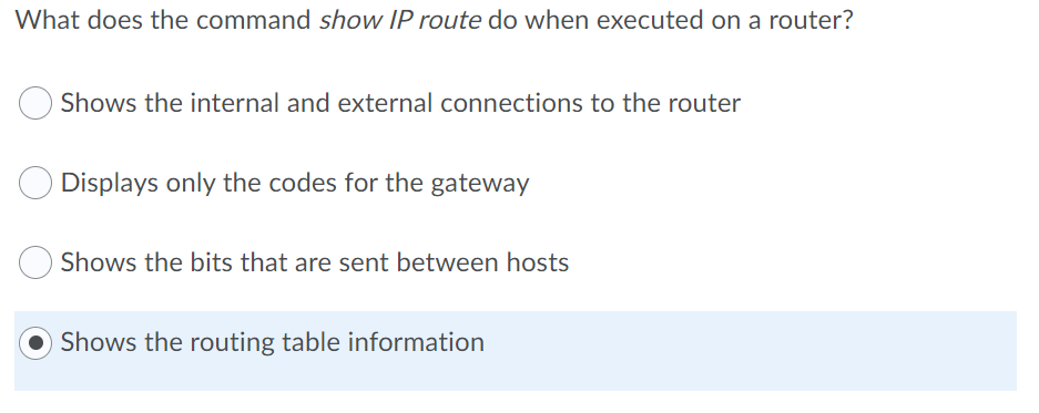 Solved What does the command show IP route do when executed | Chegg.com