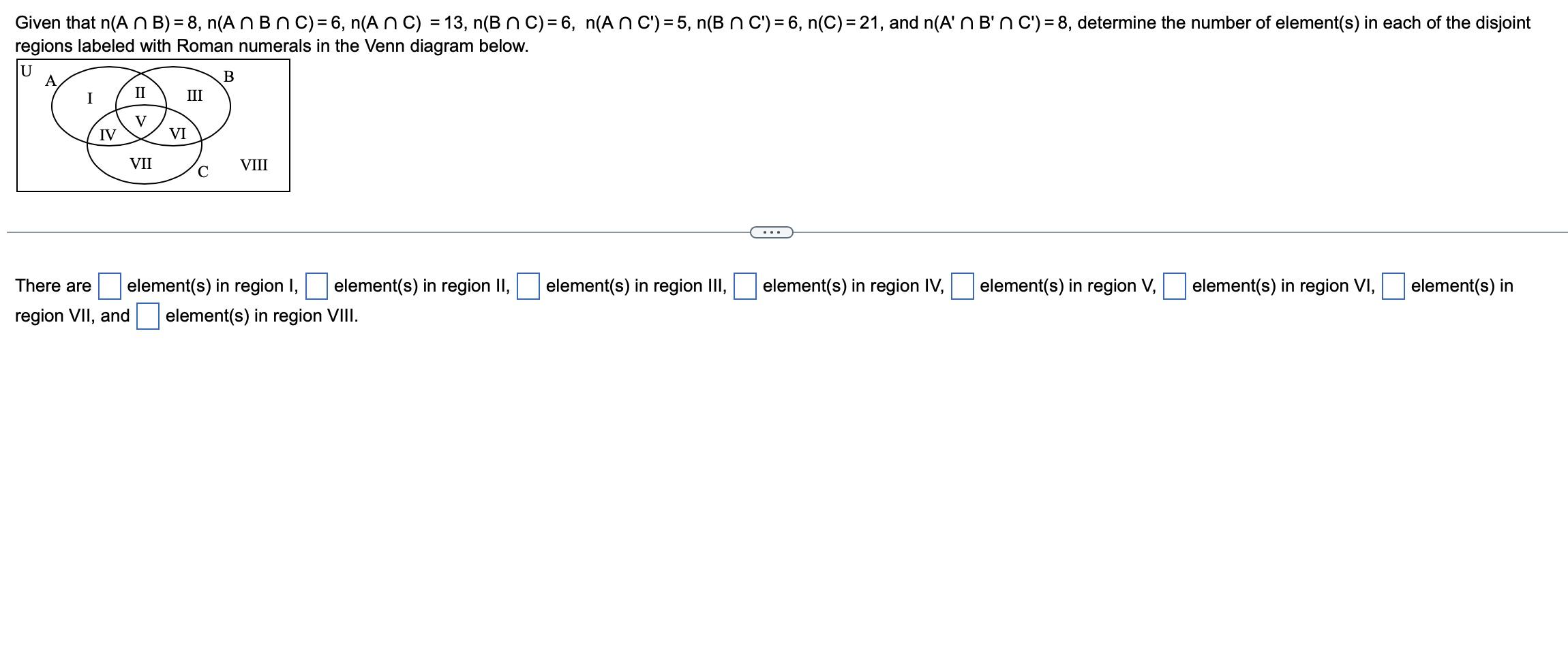 Given that \( n(A \cap B)=8, n(A \cap B \cap C)=6, n(A \cap C)=13, n(B \cap C)=6, n\left(A \cap C^{\prime}\right)=5, n\left(B