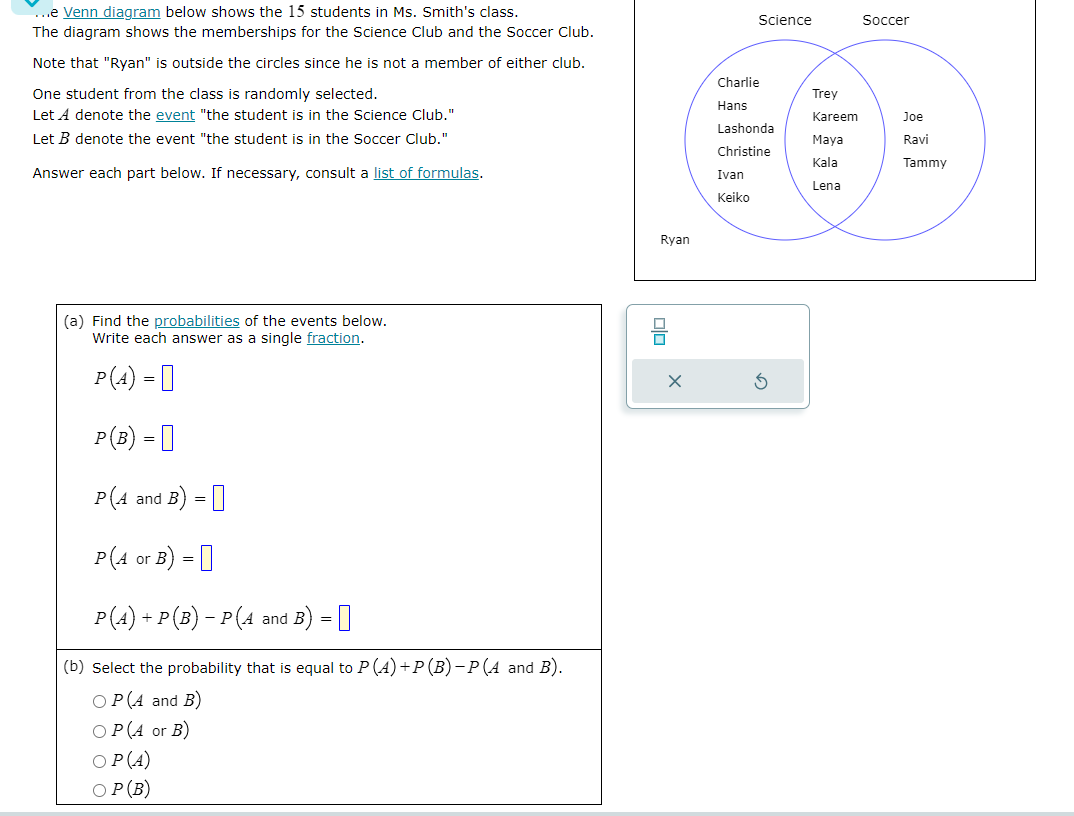Solved Venn diagram below shows the 15 students in Ms. | Chegg.com