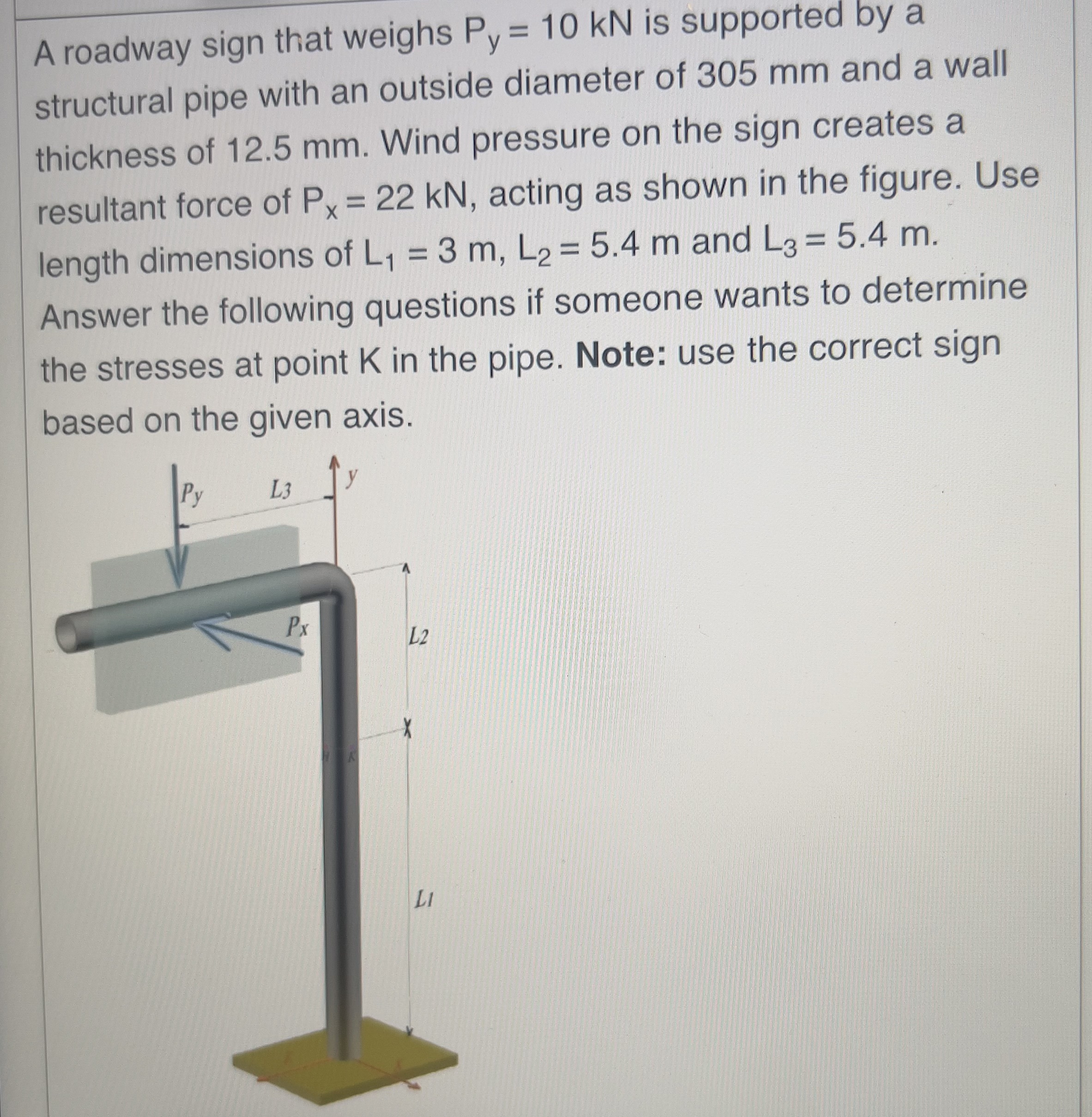 Solved A roadway sign that weighs Py=10kN is supported by a | Chegg.com
