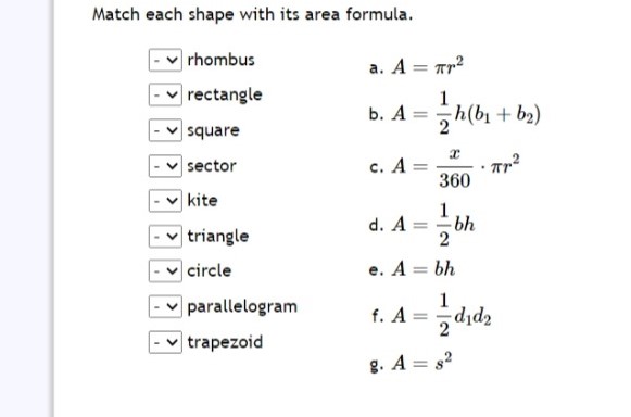 2D Shape Area Formula Matchup Quiz - By t_rev19
