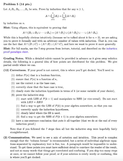 Solved Problem 5 (14 Pts.) Let A,B1,B2,…,Bn Be Sets. Prove | Chegg.com