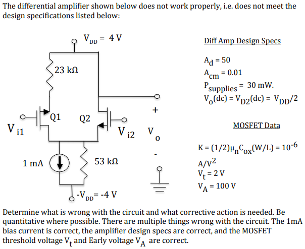 Solved The differential amplifier shown below does not work | Chegg.com