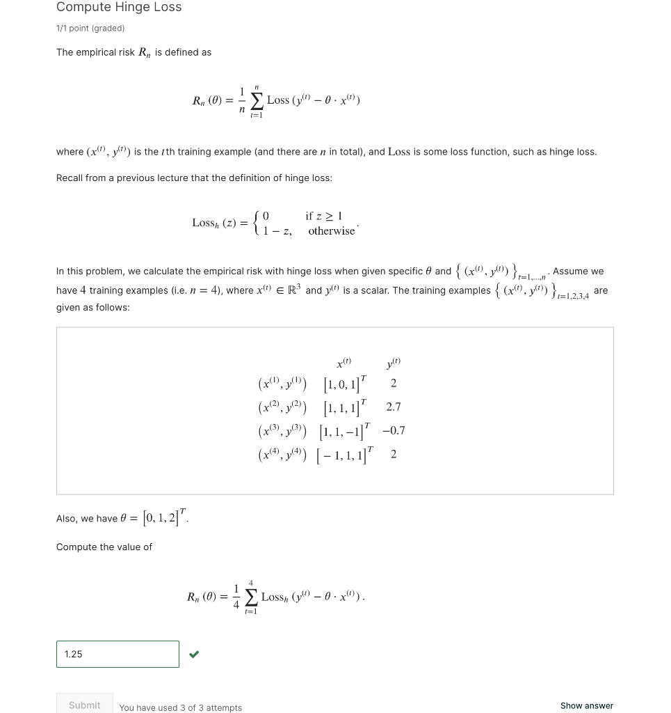 Solved Compute Hinge Loss 1/1 point (graded) The empirical