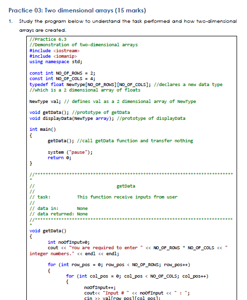 Solved Practice 03: Two dimensional arrays (15 marks) 1. | Chegg.com image.