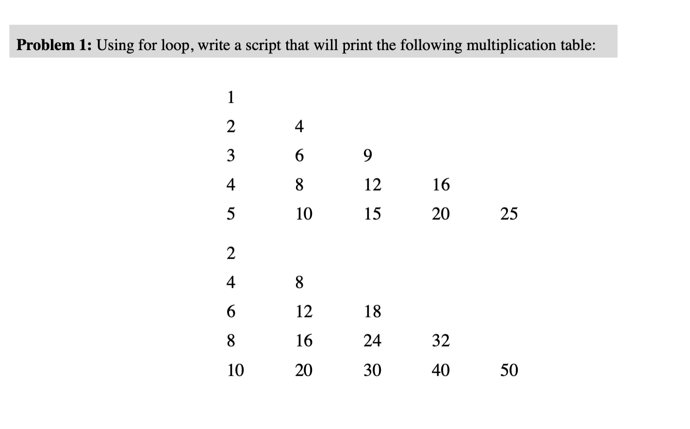 problem-1-using-for-loop-write-a-script-that-will-print-the-following