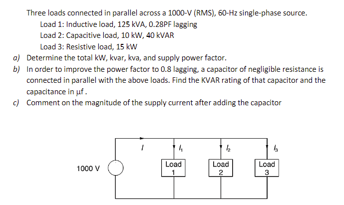 Solved Three loads connected in parallel across a 1000-V | Chegg.com