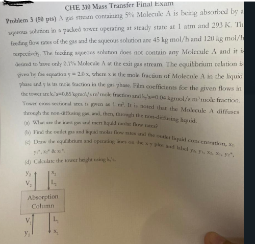 Solved CHE 310 Mass Transfer Final Exam Problem 3 (50 pts) A | Chegg.com