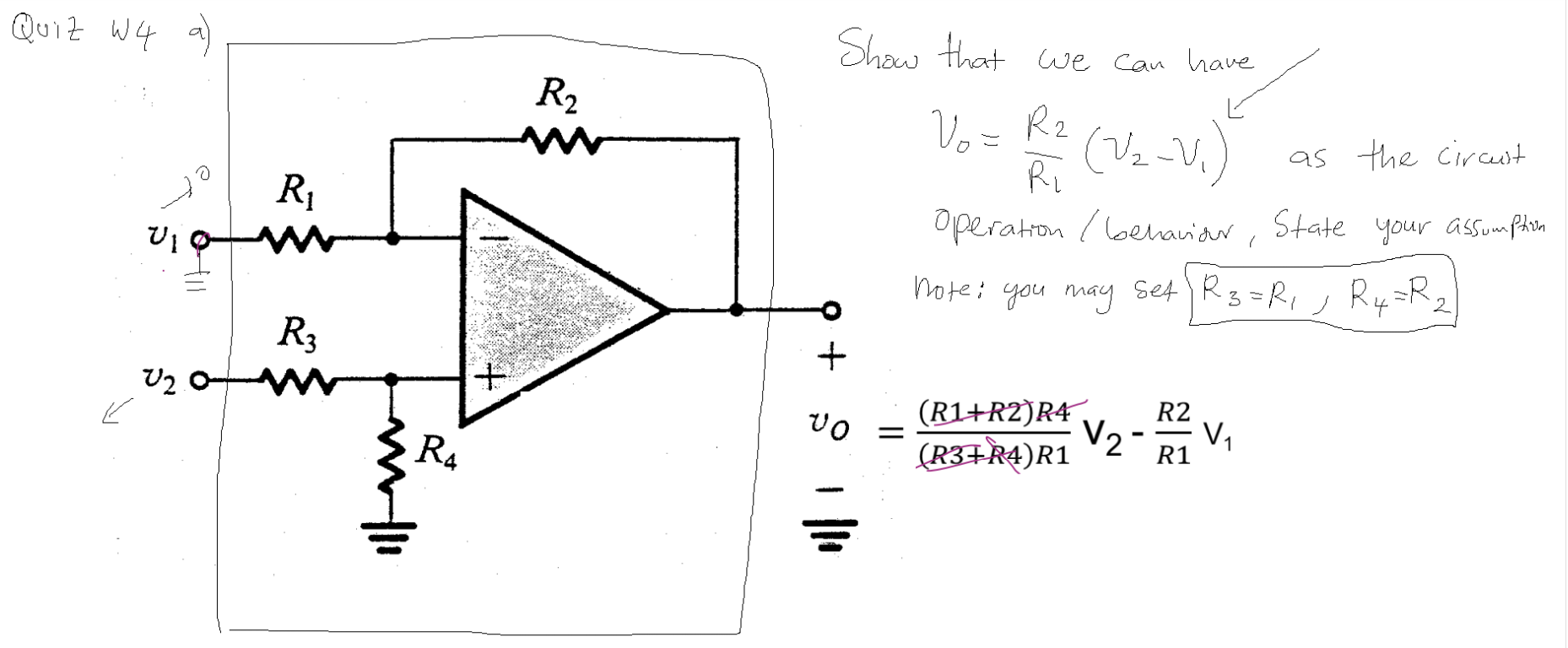 Solved Quiz W4 a Show that we can have R2 Vo= R2 (V2-V) as | Chegg.com