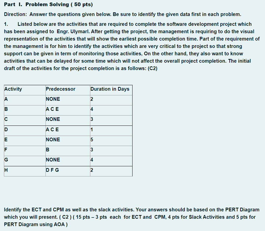 Solved Part I. Problem Solving ( 50 pts) Direction: Answer | Chegg.com