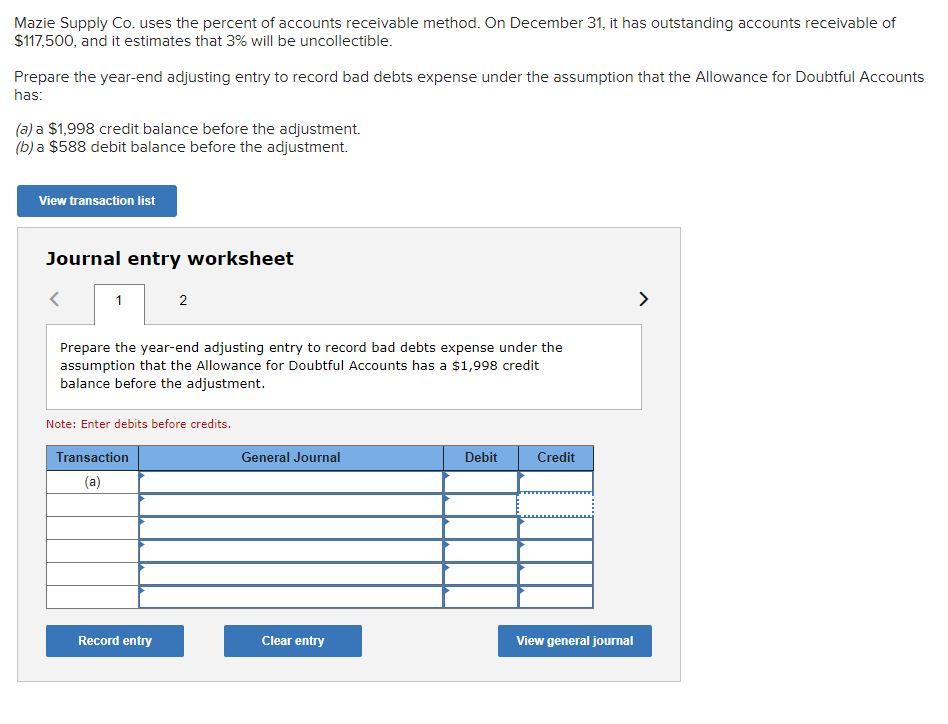 Solved Mazie Supply Co. Uses The Percent Of Accounts | Chegg.com