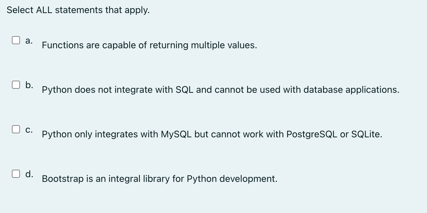 Solved Select ALL statements that apply. a. Functions are | Chegg.com