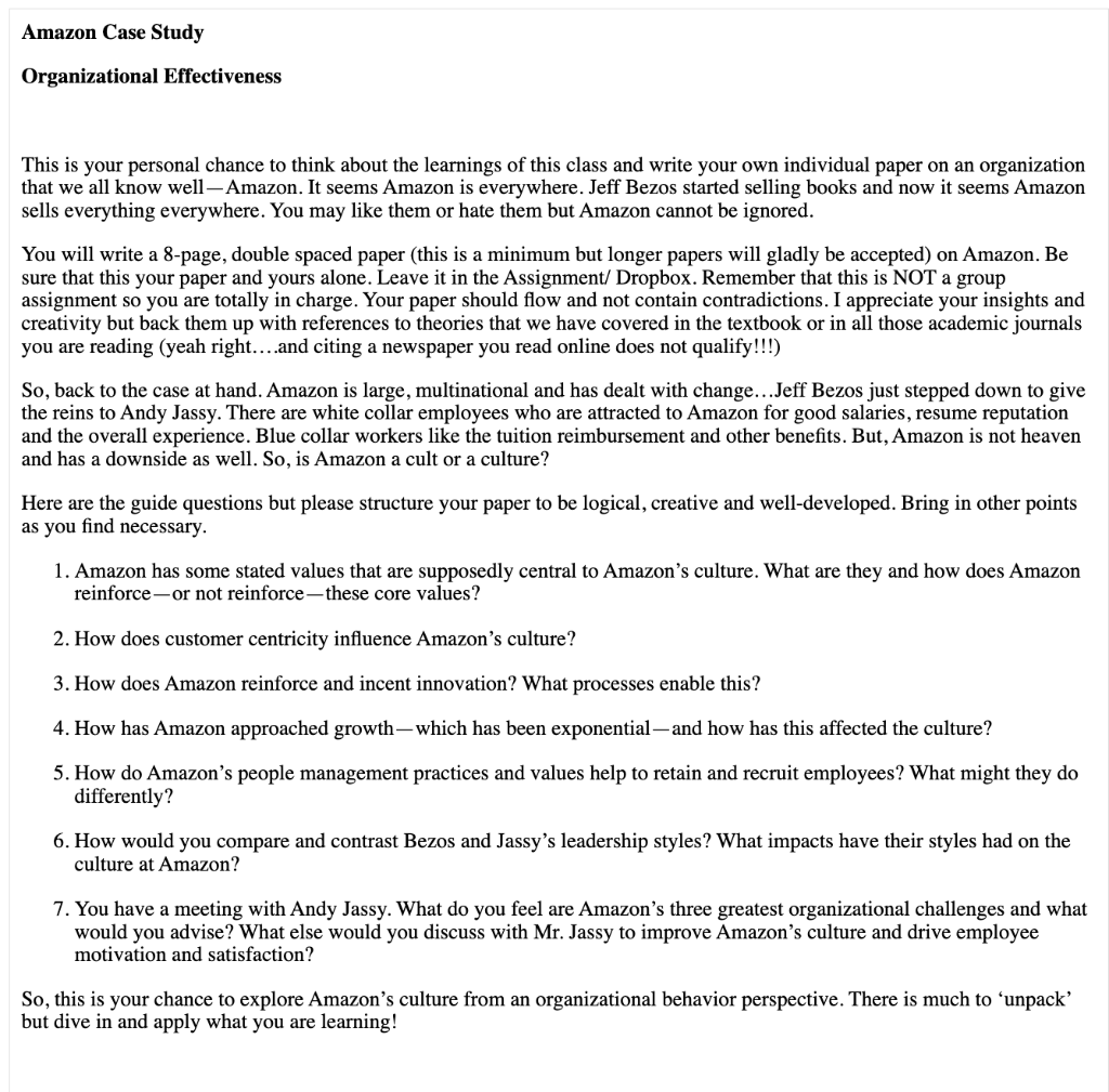 Solved Amazon Case Study Organizational Effectiveness This