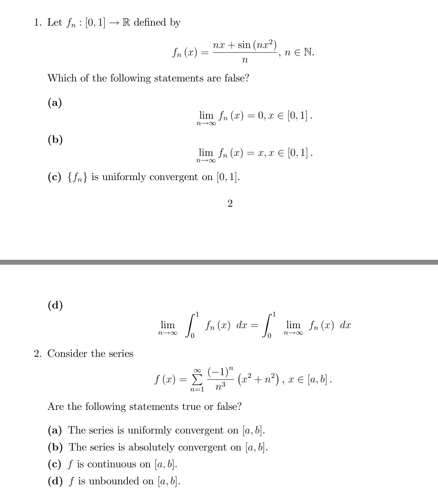 Solved 1 Let Fn 0 1 R Defined By Fn 2 Nx Sin N Chegg Com