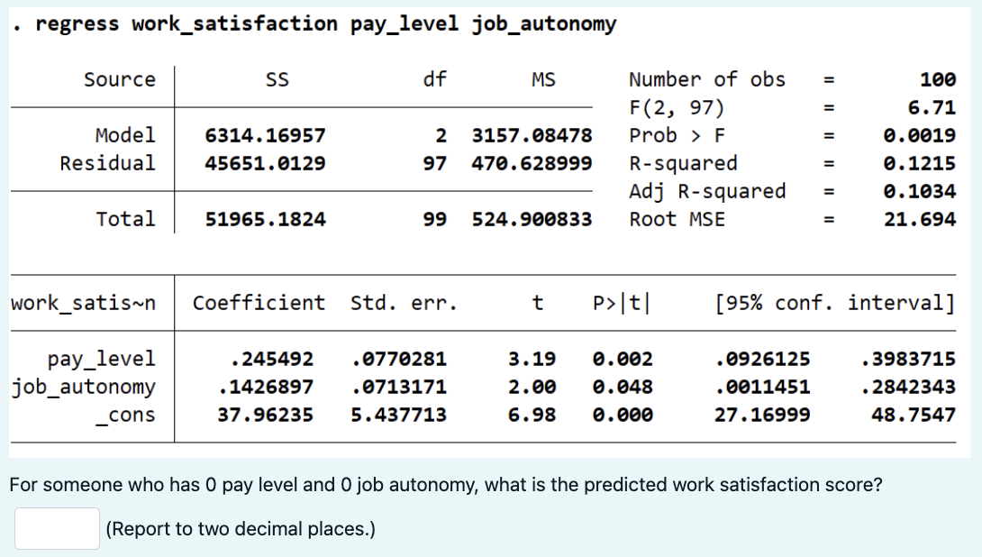 Solved - regress work_satisfaction pay_level job_autonomy | Chegg.com