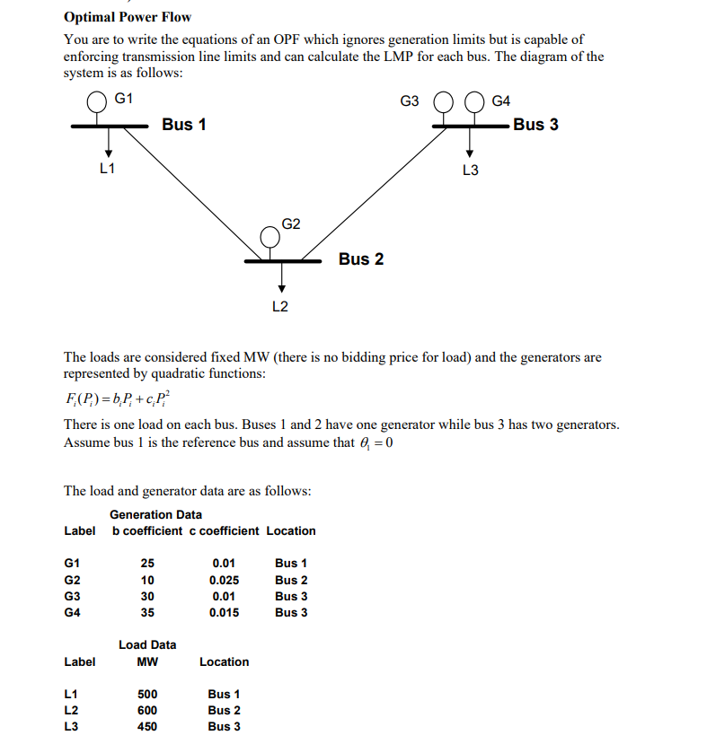 Optimal Power Flow You Are To Write The Equations Of | Chegg.com