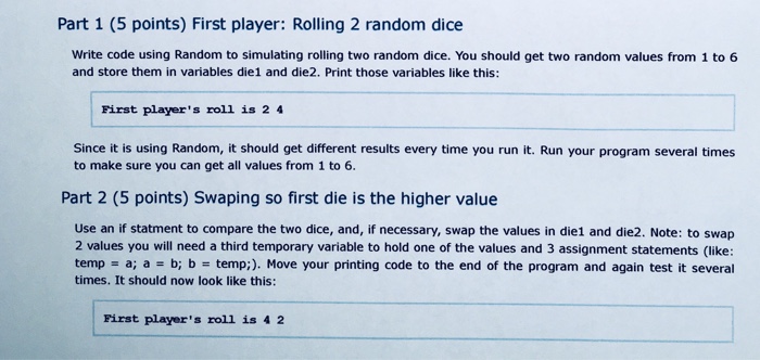 Solved Part 1 (5 points) First player: Rolling 2 random dice | Chegg.com