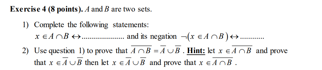 Solved Exercise 4 (8 points). A and B are two sets. 1) | Chegg.com
