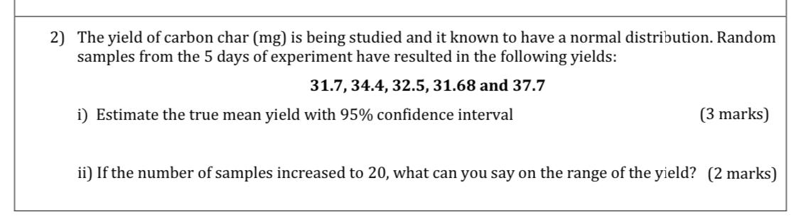 Solved 2) The yield of carbon char (mg) is being studied and | Chegg.com