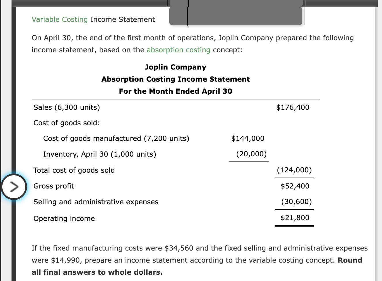 Solved Variable Costing Income Statement On April 30, the | Chegg.com