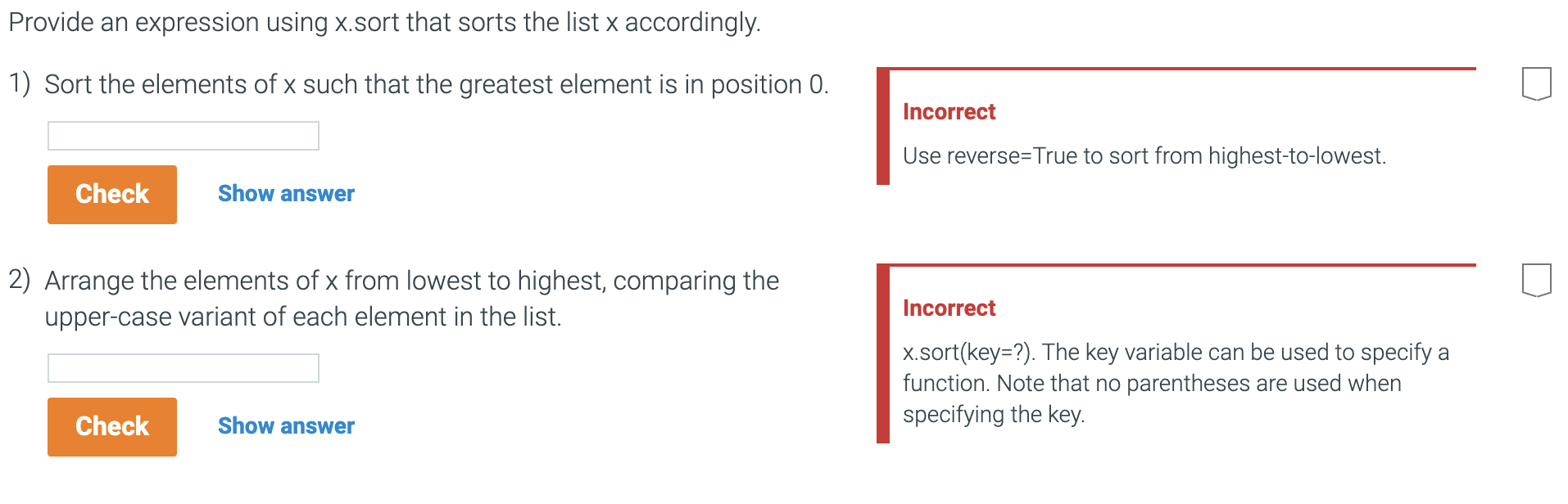 Solved Provide an expression using x.sort that sorts the | Chegg.com