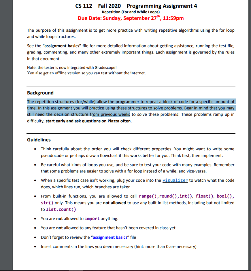Solved CS 112 - Fall 2020 - Programming Assignment 4 | Chegg.com