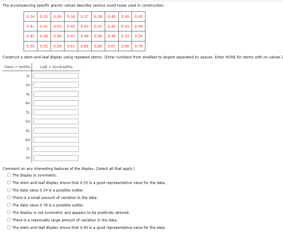 The accompanying specific gravity values describe various wood types used in construction.
Construct a stem-and-leaf display 