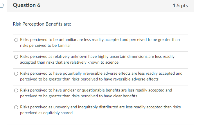 >
Question 6
1.5 pts
Risk Perception Benefits are:
Risks percieved to be unfamiliar are less readily accepted and perceived t