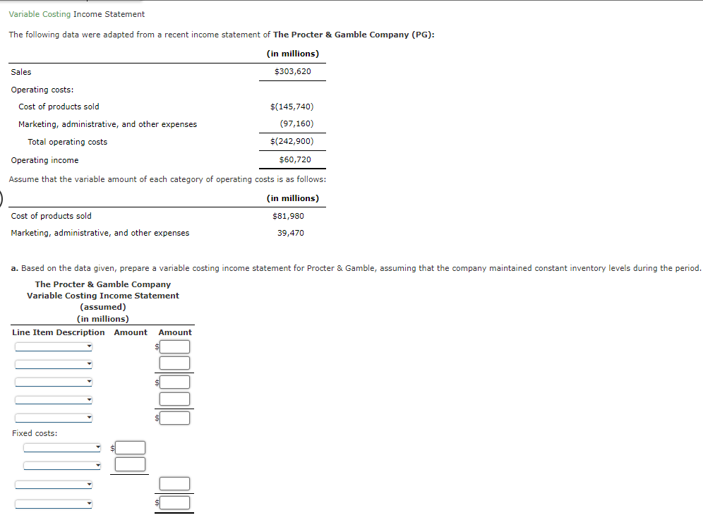 Solved Variable Costing Income Statement The following data | Chegg.com