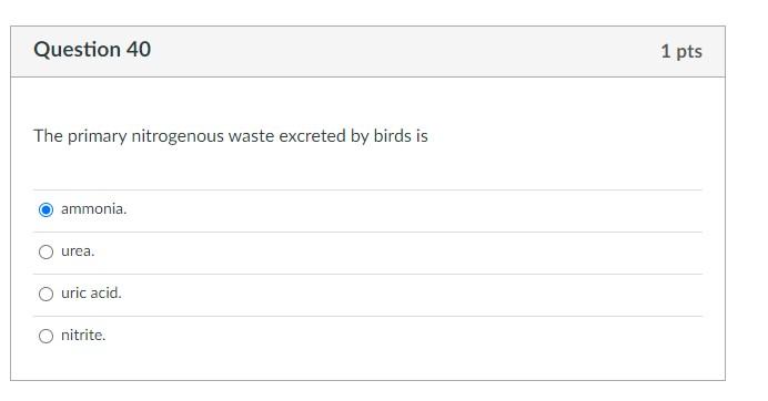 Solved Question 40 1 pts The primary nitrogenous waste | Chegg.com