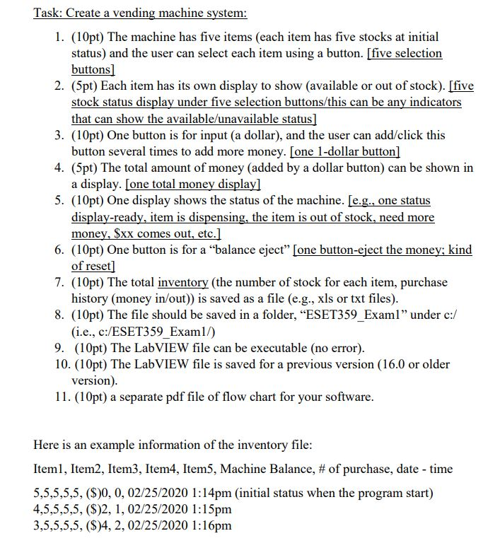 Task: Create a vending machine system: 1. (10pt) The | Chegg.com
