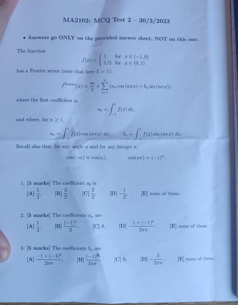 Solved MA2102: MCQ Test 2−30/3/2023 - Answers go ONLY on the | Chegg.com