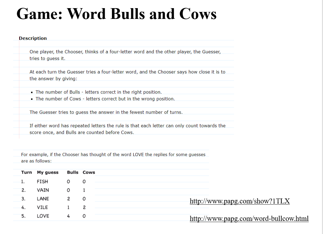 Game: Word Bulls and Cows Description One player, the | Chegg.com